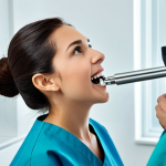 턱관절 장애와 교정 치료의 관계 - "A dentist examining a patient's jaw using diagnostic tools like X-ray, in a clean, modern dental cl...