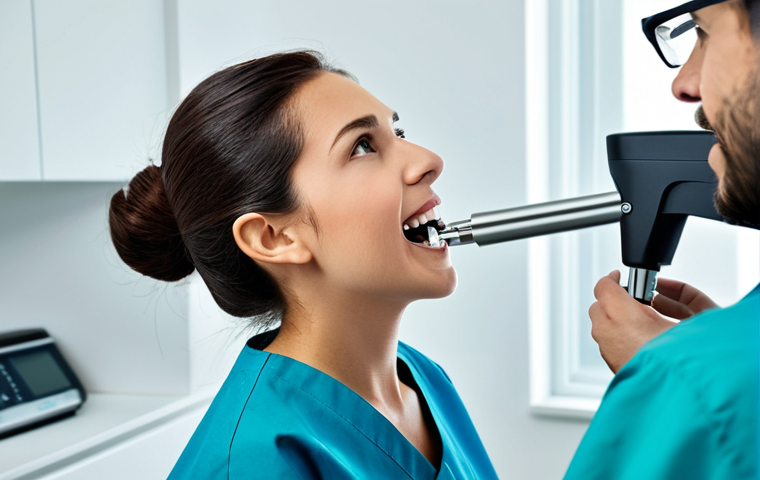 턱관절 장애와 교정 치료의 관계 - "A dentist examining a patient's jaw using diagnostic tools like X-ray, in a clean, modern dental cl...
