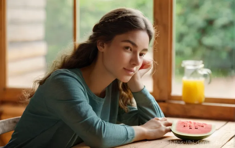 구강 건조증 원인과 해결 방법 - **Prompt:** A young woman, appearing to be in her mid-twenties, with a gentle and slightly concerned...