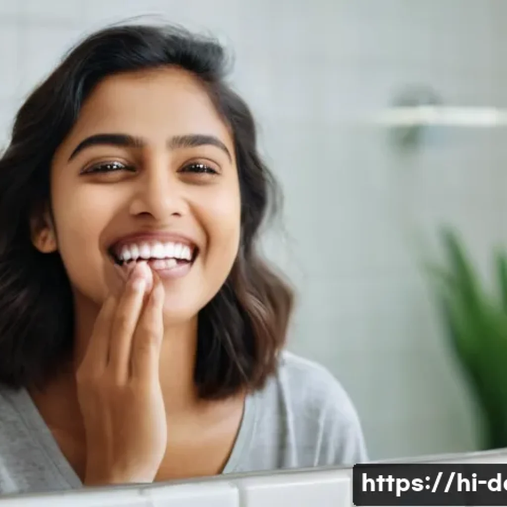 치아 교정 중 통증 완화 방법 - A close-up, warm and inviting scene of a young Hindi-speaking woman gently rinsing her mouth with lu...