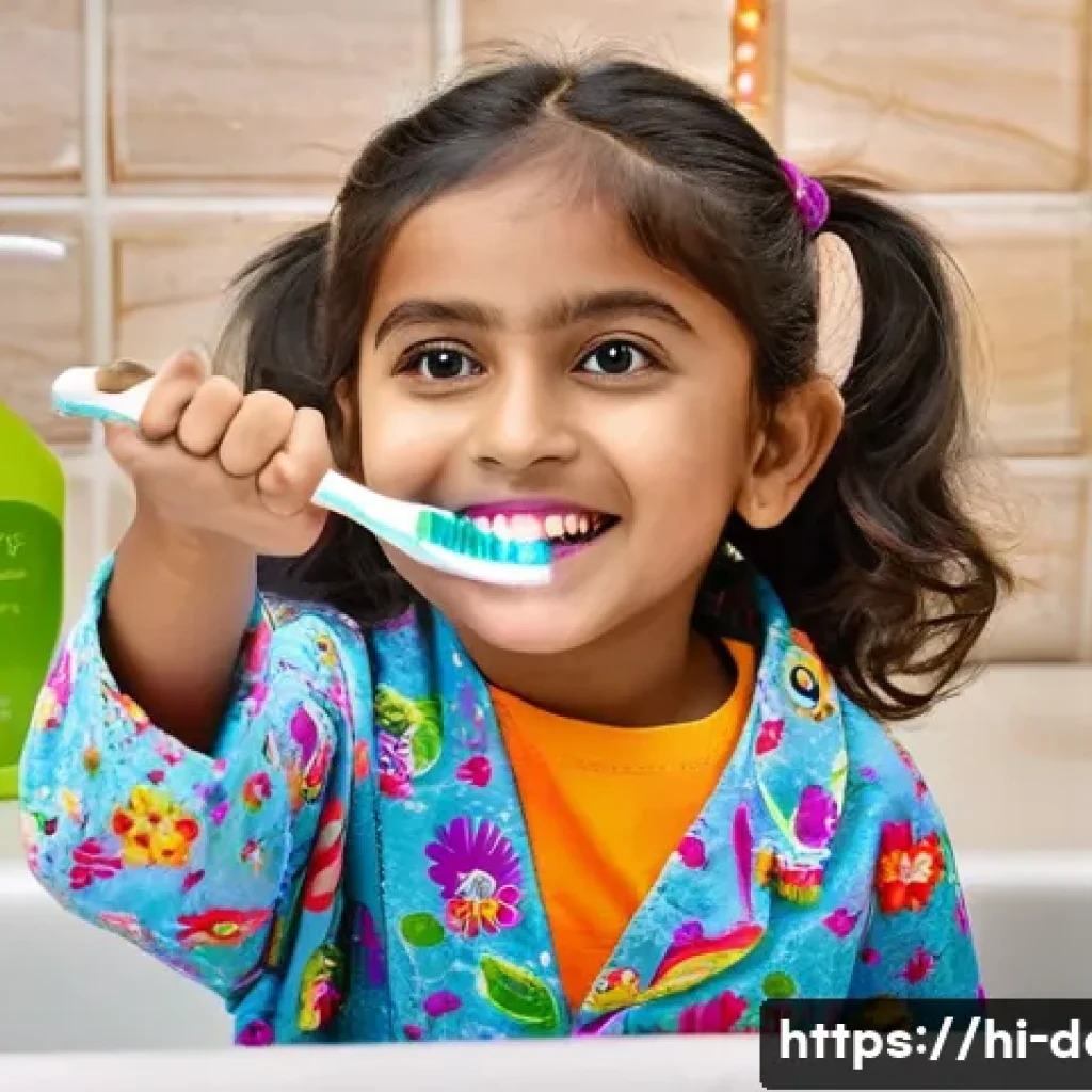 소아 충치 예방을 위한 관리법 - A warm and inviting scene of a young Indian girl around 5 years old, wearing colorful pajamas and ho...