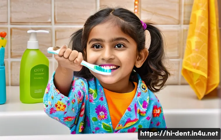 소아 충치 예방을 위한 관리법 - A warm and inviting scene of a young Indian girl around 5 years old, wearing colorful pajamas and ho...