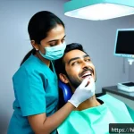 치아 크라운 시술 시 통증 여부 - A detailed, realistic dental clinic scene showing a Hindi-speaking patient receiving a dental crown ...