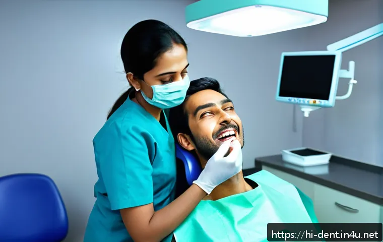 치아 크라운 시술 시 통증 여부 - A detailed, realistic dental clinic scene showing a Hindi-speaking patient receiving a dental crown ...
