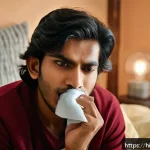 사랑니 발치 후 주의사항 - A detailed and realistic close-up scene showing a young Hindi-speaking man gently applying a cold co...