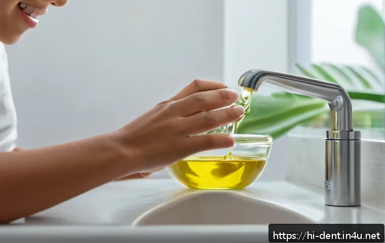 잇몸 염증 완화 방법과 치료법 - A serene and clean bathroom setting showing a person gently massaging their gums with clove oil or s...