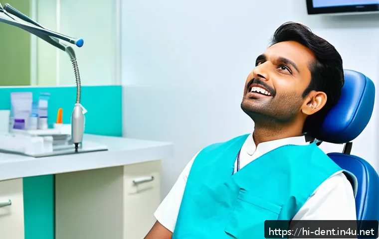 구강검진 시 필요한 준비물 - A calm and relaxed Indian man sitting in a dental clinic chair, taking deep breaths to reduce anxiet...