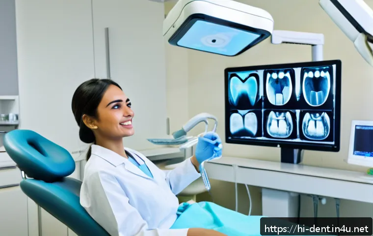 치과에서 시행하는 치아 CT 검사 - A modern dental clinic scene showing a diverse male dentist and female patient reviewing a detailed ...