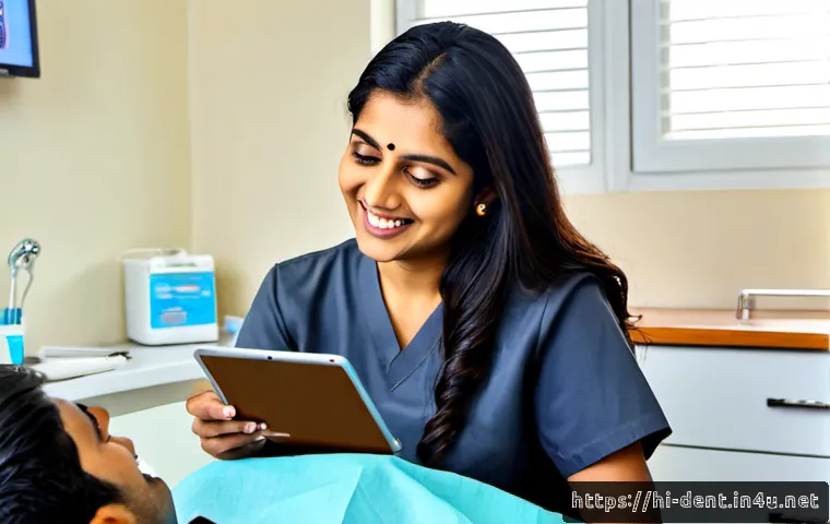 Home 17 치아 크라운 비용과 보험 적용 여부 - Photorealistic dental consultation in a modern Indian dental clinic, friendly Indian woman patient s...