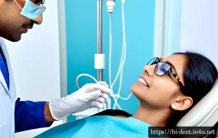 치과에서 사용하는 무통 마취 기기 - Photorealistic modern dental clinic, Indian dentist wearing protective eyewear and gloves using a co...